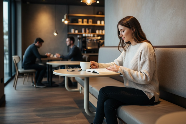 Mesa industrial para comedor con pedestal a muro y cubierta tipo corian beige