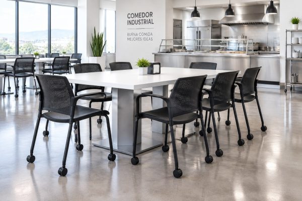 Sillas Replay negras con rodajas en comedor industrial