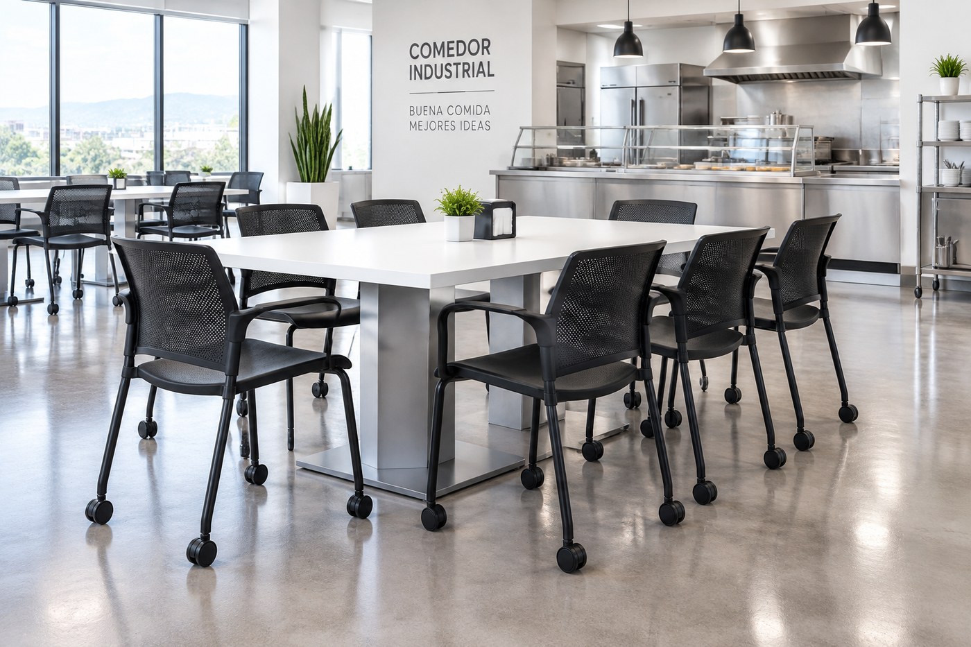 Sillas Replay negras con rodajas en comedor industrial